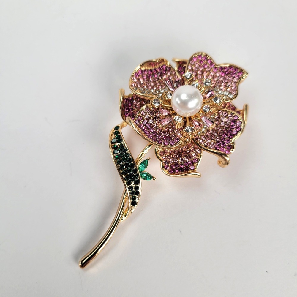 Gold Tone Pink Purple Rhinestone Flower Brooch Pendant Faux Pearl‎ Green Stem